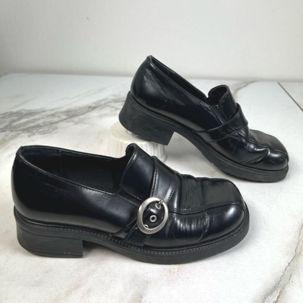 Made in Italy Y2K Black Leather Square Toe Chunky Heel Slip On Loafers, Sz 2.5-3